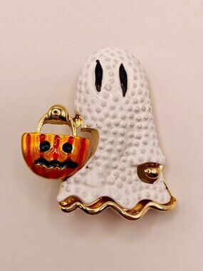 New Halloween Ghost Brooch Pin Pumpkin Basket Gold-Tone & Enamel -111B